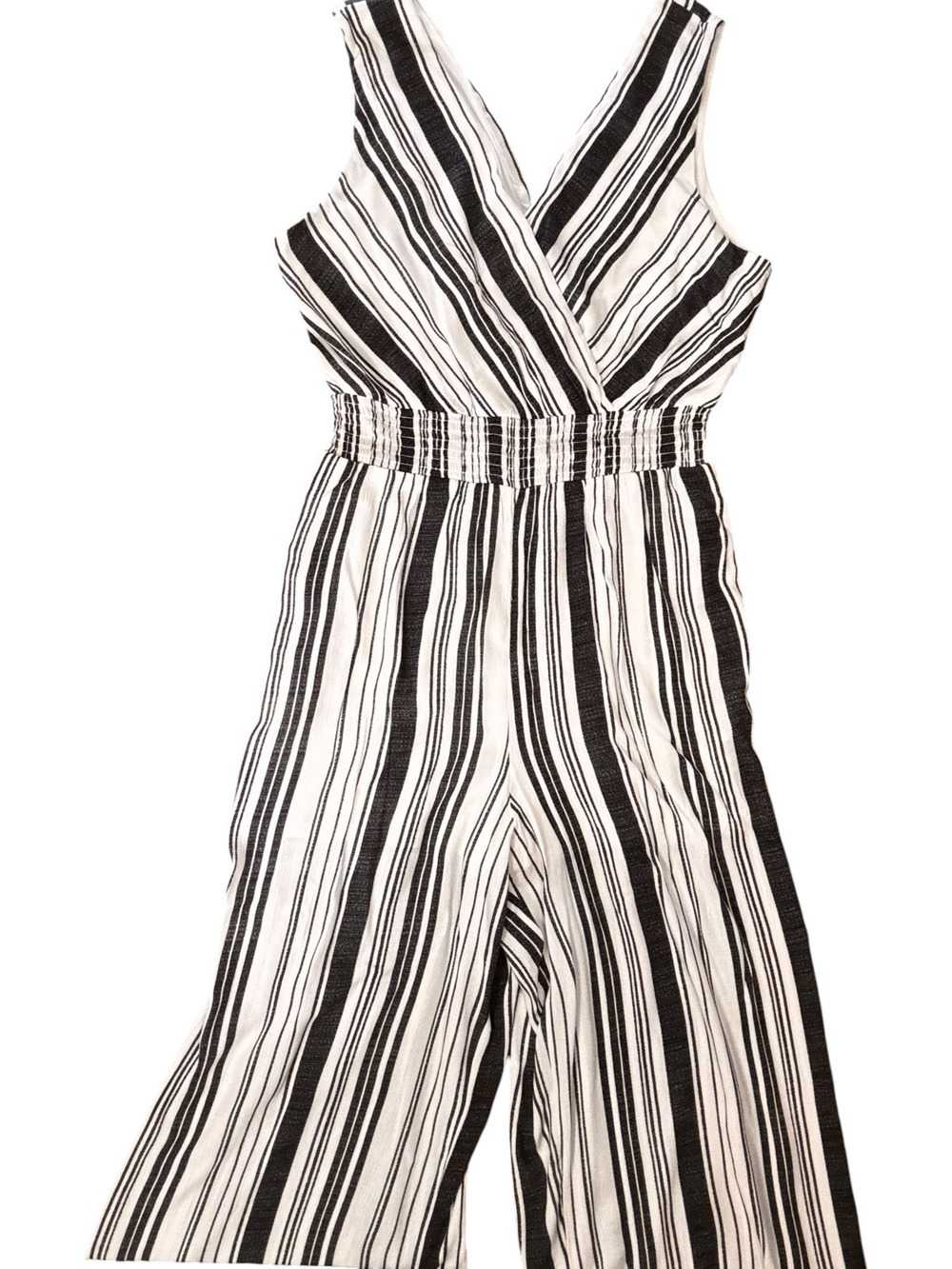 BCX Black White Striped Romper Womens Large Sleeveless V Neck Jumpsuit
